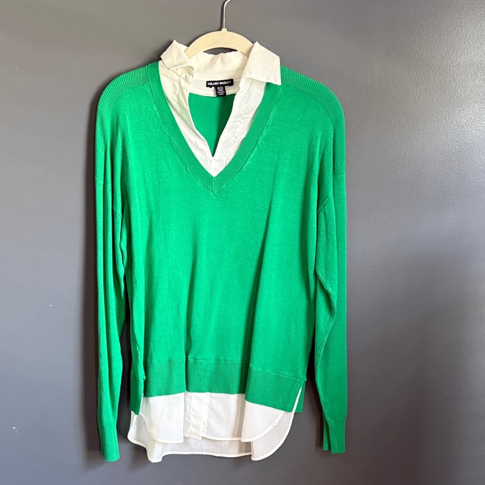 Green V-Neck Sweater with White Layer